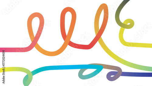 Vibrant rainbow colored cords winding across white space abstract organic lines