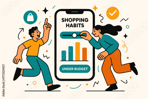 Dynamic Budget Tracking. Shopping Habits ? Budget Tracker. Hands adjust a tidy slider on a phone; bars rise and settle with a soft glow. Caption ?under budget?