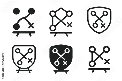 Team Performance Logos. Team performance dashboard. Set Logo of Team performance dashboard: tactics board with connected nodes. harmonious logo variations of