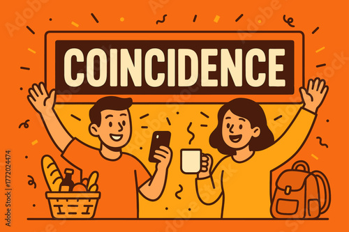 Coincidence Banner Design. Coincidence banner, flat vector illustration, bold oversized text inside rectangular frame, cartoon characters standing and waving