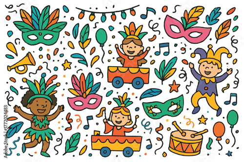 Colorful Carnival Doodles. Carnival celebration. Colorful Hand-drawn doodle Children illustration Carnival celebration masks, feathers, trumpets, costumes,