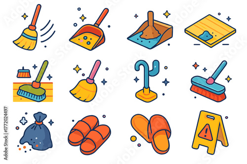 Colorful Cleaning Icons. Sweeping the floor. Colorful isometric vector icons set of Sweeping the floor: broom, dustpan, sweeping motion lines, corner dirt