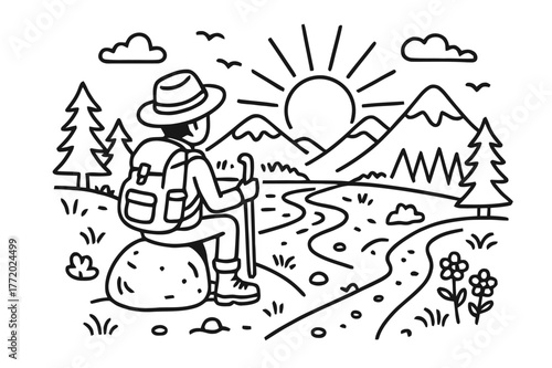 Solo Traveler at Sunset. Solo Traveler Sunset. Hand-drawn doodle illustration Solo Traveler Sunset person sitting on rock, sunset, mountains, clouds, river,