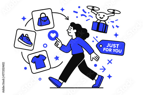 Personalized Shopping Experience. Customer experience personalization. A shopper taps a heart icon as product cards orbit; ?Just for you? tag glows. Confetti