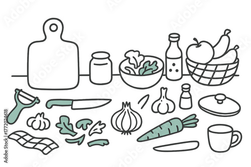 Doodle Kitchen Essentials. // Kitchen counter. Hand-drawn doodle illustration kitchen counter [cutting board (accented), peeler (accented), knife, onion