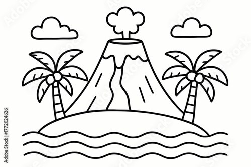 Island Volcano Coloring Page. Island volcano children?s coloring book illustration, outlined drawing, a peaceful cone-shaped volcano on a tiny island with palm