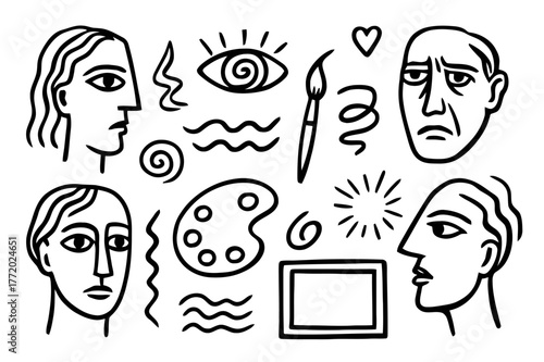 Expressionist Portraits Doodles. Expressionist portraits. Hand-drawn doodle illustration expressionist portraits face outline, eye, brush stroke, spiral, wave,