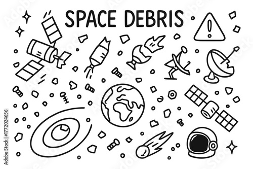 Space Debris Doodle. Space debris. Hand-drawn doodle illustration space debris satellite, rocket fragment, broken antenna, orbit path, Earth, space junk