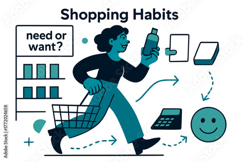 Dynamic Shopping Scene. Shopping Habits. A shopper glides past clean shelves, comparing two simple items; a tag reads ?need or want??. Dotted arrows link