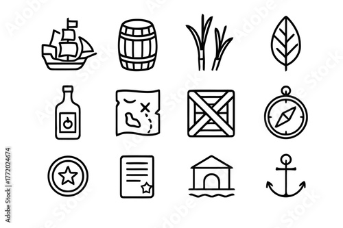 Colonial Trade Icons. Colonial trade. Line icon set of colonial trade: sailing ship, barrel, sugarcane, tobacco leaf, rum bottle, map, crate, compass, coin,