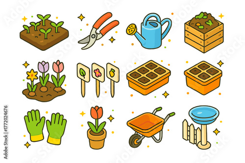Seasonal Garden Icons. Seasonal garden awakening. Colorful isometric vector icons set of Seasonal garden awakening: garden bed sprouts, pruning shears,