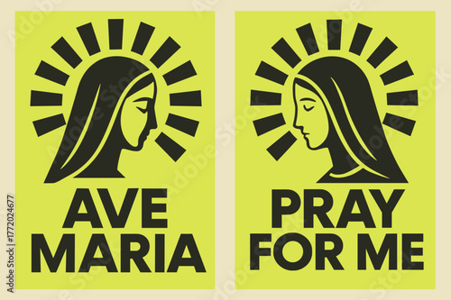Ave Maria Banners. Ave Maria. Two vertical A6 banners with safe margins, centered composition, no elements touching edges, bauhaus, charcoal and neon yellow,