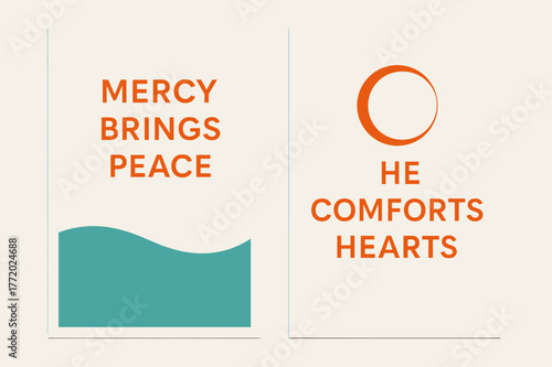 Mercy & Comfort Banners. Mercy & Calm. Two vertical A6 banners with safe margins, centered composition, no elements touching edges, minimal, turquoise and
