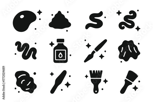 Oil Painting Essentials. Oil painting palette setup. Solid icons set of Oil painting palette setup: wooden palette, titanium white pile, cadmium red, cadmium