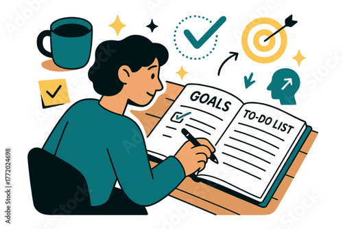 Goal Setting Scene. A person setting goals and writing a to-do list in a planner for self-improvement. Desk scene with planner, coffee cup, and sticky notes;