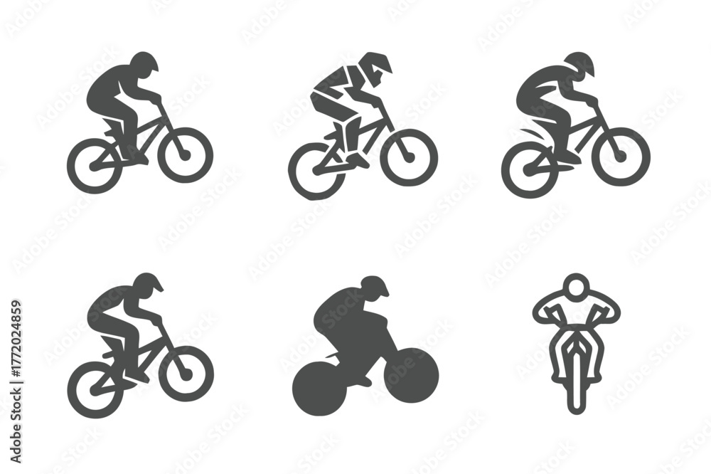 Fototapeta premium BMX Logo Variations. BMX riding. Set Logo of BMX riding: biker performing jump trick. harmonious logo variations of the same emblematic concept, each with