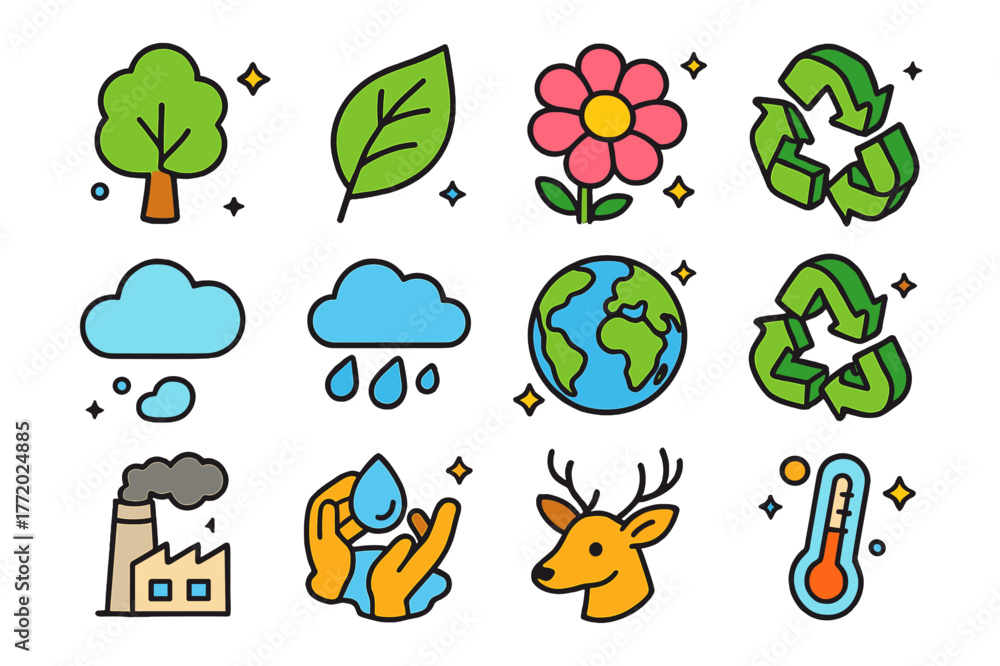 Obraz premium Colorful Environmental Icons. Environment. Colorful isometric vector icons set of Environment: tree, leaf, flower, sun, cloud, rain, earth, recycle, pollution,