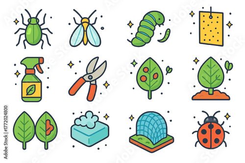 Pest Control Icons. Pest and disease control. Colorful isometric vector icons set of Pest and disease control: aphid insect, whitefly, tomato hornworm, yellow