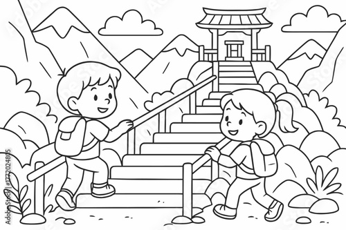 Mountain Shrine Coloring Adventure. Mountain shrine hike children?s coloring book illustration, outlined drawing, kids climbing gentle steps with railings