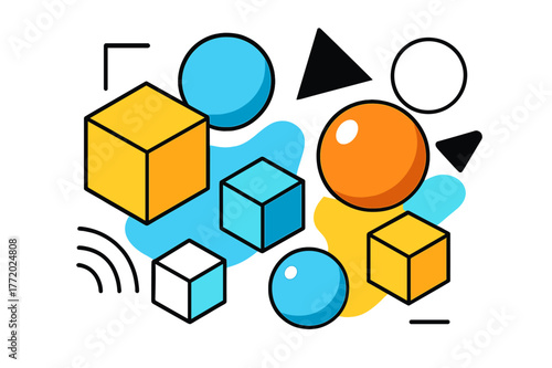 Floating Geometric Design. 3D Design Elements. Floating abstract 3D cubes and spheres with geometric accents and soft shadows, modern and dynamic composition.