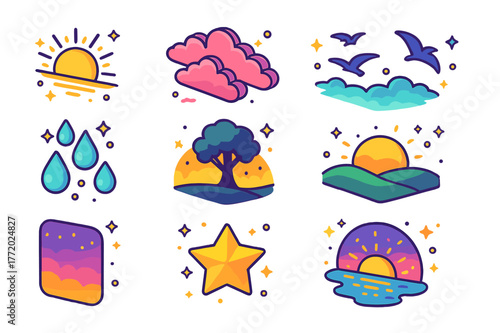 Colorful Sunrise Icons. sunrise. Colorful isometric vector icons set of sunrise: rising sun, horizon line, warm sun rays, pink clouds, morning mist, bird