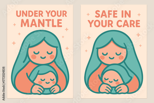 Kawaii Tender Protector Banners. Tender Protector. Two vertical A6 banners with safe margins, centered composition, no elements touching edges, kawaii, coral