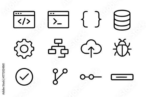 Software Development Icons. Software Development. Line icon set of Software Development: code editor, terminal window, brackets, database icon, gear,