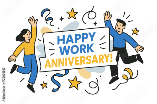 Work Anniversary Celebration. Happy Anniversary Message. Floating banner ?Happy Work Anniversary!? with dynamic typography, stars, and ribbons swirling around.