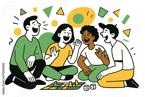 Joyful Board Game Night. Laughing in a Group. Friends playing board games and laughing with floating abstract geometric shapes, happy and lively indoor scene.