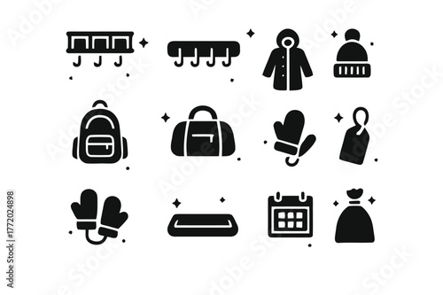Mudroom Icons Grid. Mudroom storage with hooks. Solid icons set of Mudroom storage with hooks: cubby shelf, hook strip, raincoat, school backpack, sports bag,