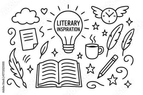 Literary Inspiration Icons. Literary inspiration. Hand-drawn doodle illustration literary inspiration light bulb, open book, feather, cloud, stars, heart,