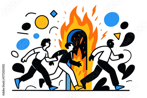 Fiery Journey Forward. Figures Walking Towards Fiery Gates. Figures moving toward blazing gates with fiery sparks and floating abstract geometric shapes,