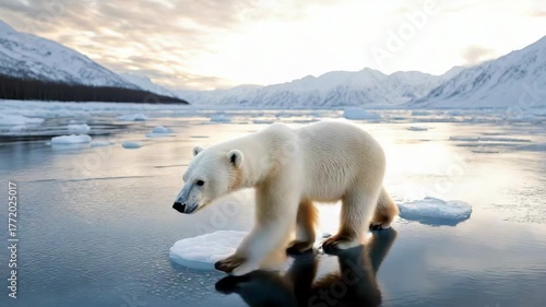 Polar Bear Walks on Reflective Ice Amidst Majestic Mountains and Serene Natures Beauty