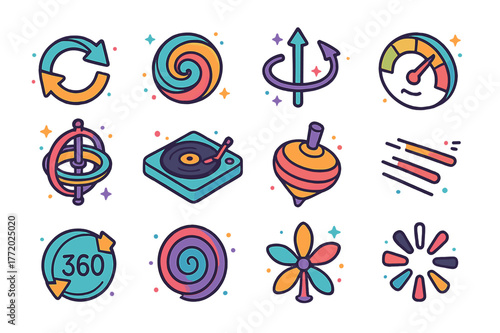 Colorful Motion Icons. spinning motion symbols. Colorful isometric vector icons set of spinning motion symbols: circular arrows, swirl icon, rotation axis,