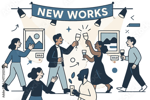 Artistic Gallery Vibrance. Gallery opening night. Spotlights bloom over framed pieces while guests clink glasses; ?New works? ribbon greets at the door. Red