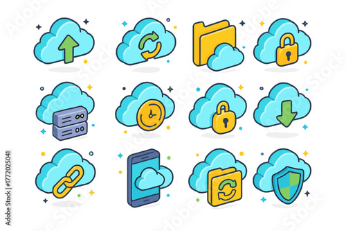 Cloud Storage Icons. Cloud storage systems. Colorful isometric vector icons set of Cloud storage systems: cloud upload arrow, sync icon, data folder, server