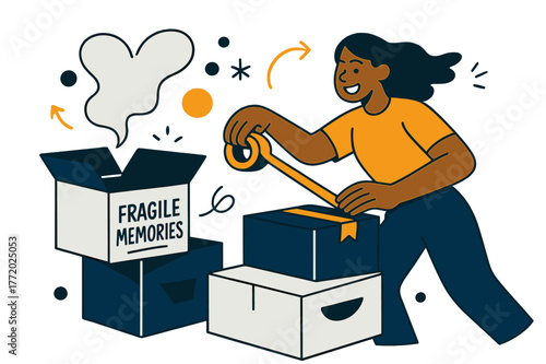 Packing Day Vibes. Packing day. Open boxes, bubble wrap drifting like speech bubbles; marker scrawls ?fragile / memories.? Hands tape the future shut with a