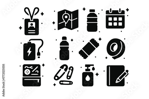 Cosplay Essentials Icons. Convention day essentials for cosplayers. Solid icons set of Convention day essentials for cosplayers: badge lanyard, venue map,