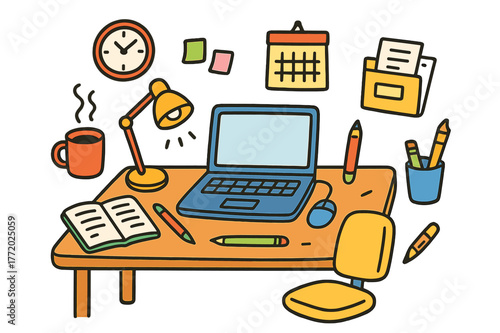 Colorful Workstation Doodles. workstation. Colorful Hand-drawn doodle Children illustration workstation laptop, desk, chair, coffee cup, notebook, pen,