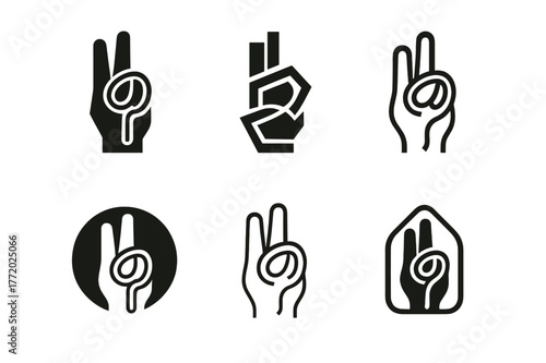 Cord Untangling Logos. Cord untangling hack. Set Logo of Cord untangling hack: two-finger loop technique. harmonious logo variations of the same emblematic