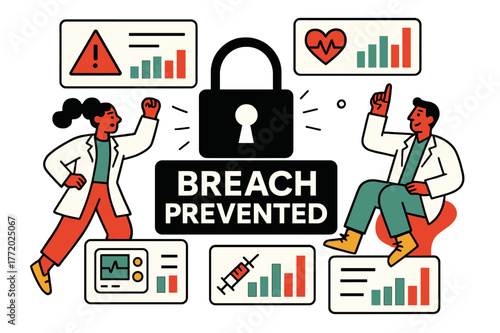Healthcare Cybersecurity Alert. Cybersecurity for healthcare devices ? Threat alert dashboard. Multiple panels light up with red and green bars; a large