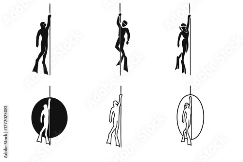 Freediving Logo Variations. Freediving. Set Logo of Freediving: diver along descent line. harmonious logo variations of the same emblematic concept, each with