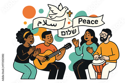 Cultural Harmony Celebration. Cultural Exchange & Music. A circle of people clap and sing with guitar and hand drum; lyric lines read ?Peace, Peace? in shared