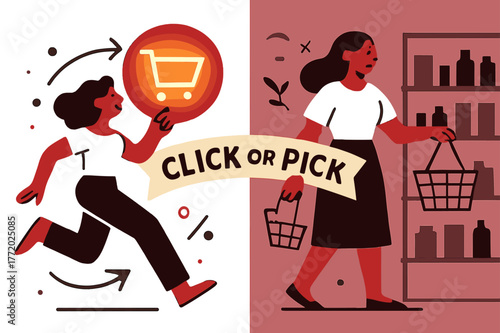 Cart vs Aisle. Shopping Habits ? Online Cart vs Aisle. Split scene: left shows a glowing cart icon; right shows a calm aisle with a basket. Ribbon text ?click