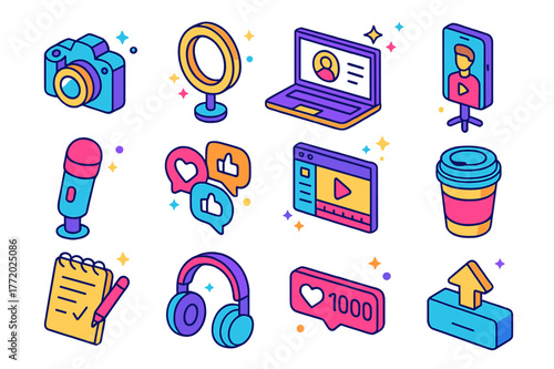Blogger Icon Set. Famous blogger. Colorful isometric vector icons set of famous blogger: camera, ring light, laptop, smartphone tripod, microphone, social
