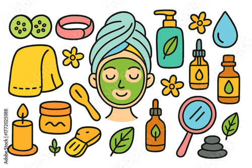 Facial Treatment Essentials. facial treatment. Colorful Hand-drawn doodle Children illustration facial treatment face mask, cucumber slices, headband, towel,
