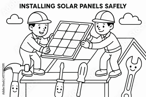 Solar Panel Safety Coloring. Installing solar panels safely children?s coloring book illustration, outlined drawing, two workers wearing helmets securing a