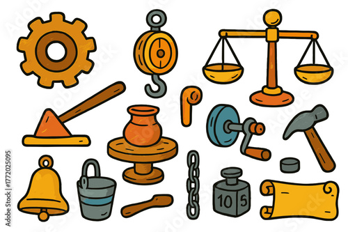 Early Machine Doodles. Early machines. Colorful Hand-drawn doodle Children illustration Early machines bronze gear, pulley, lever, balance scale, wheel,