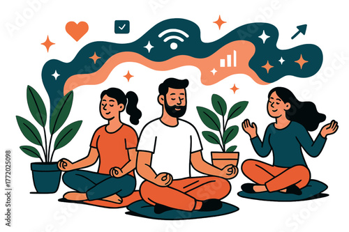 Office Meditation Corner. Digital detox for employees. Meditation corner in office with plants and cushions with abstract floating waves, icons, and sparkles;