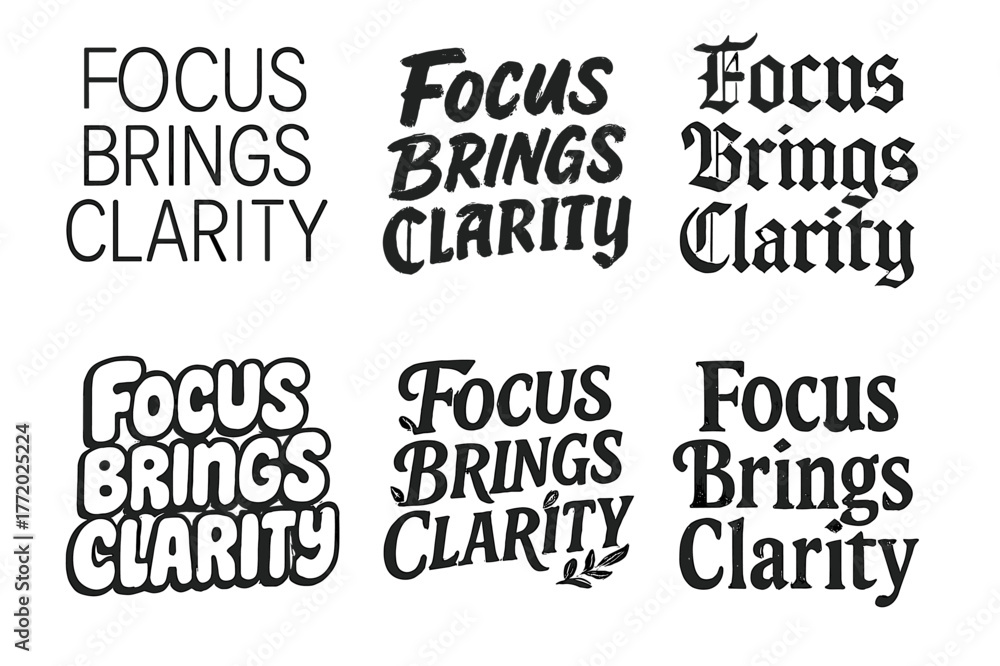 Fototapeta premium Diverse Lettering Styles. Focus Brings Clarity. Set lettering. harmonious lettering variations of the same emblematic concept, each with different artistic